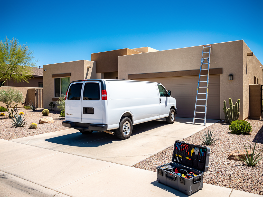 A clean service van and tools in a sunny Phoenix driveway