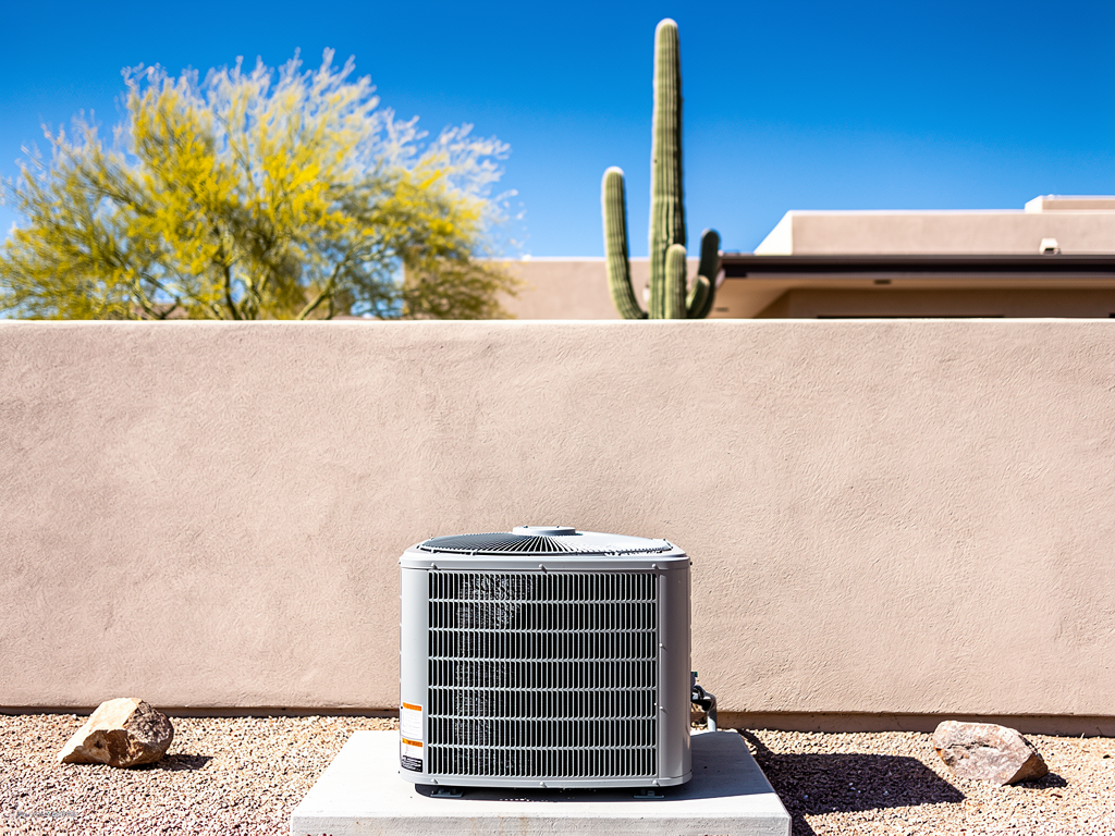 An outdoor AC condenser unit beside a desert-modern Phoenix home in bright midday sun
