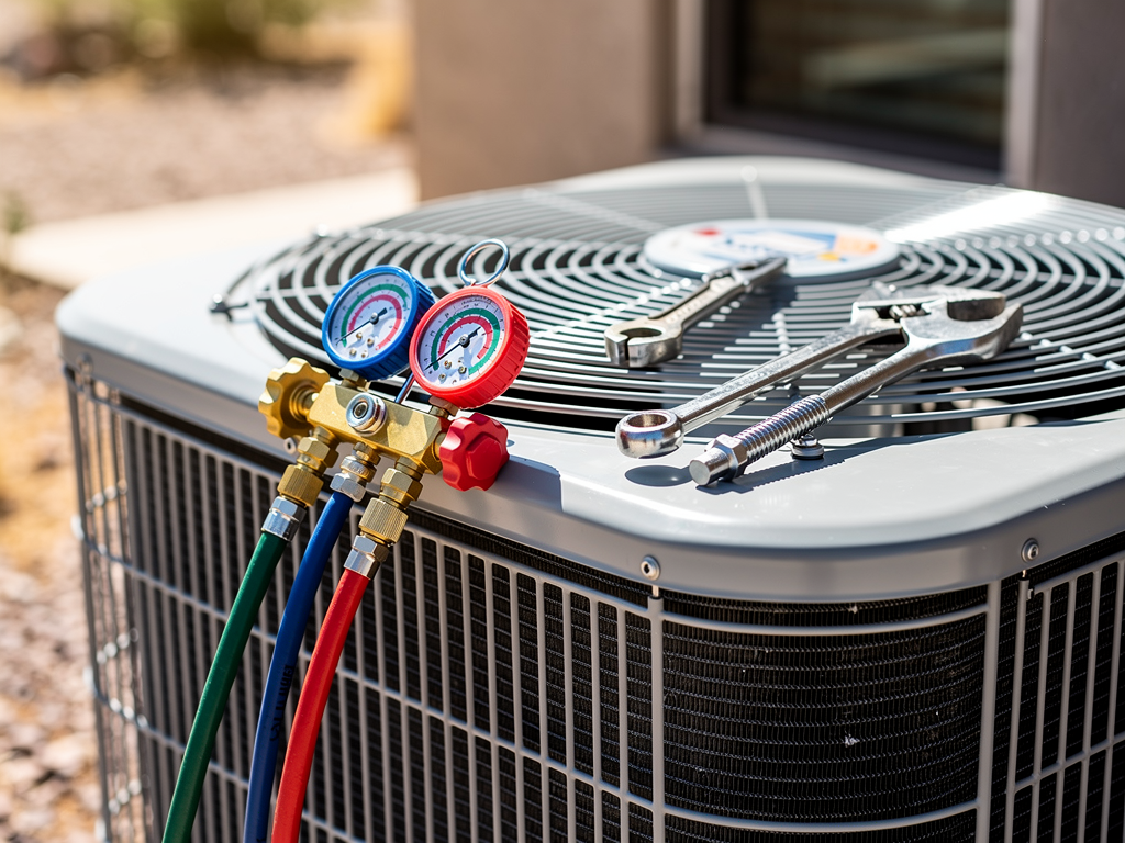 HVAC gauges and tools on an AC unit in bright daylight, mid service